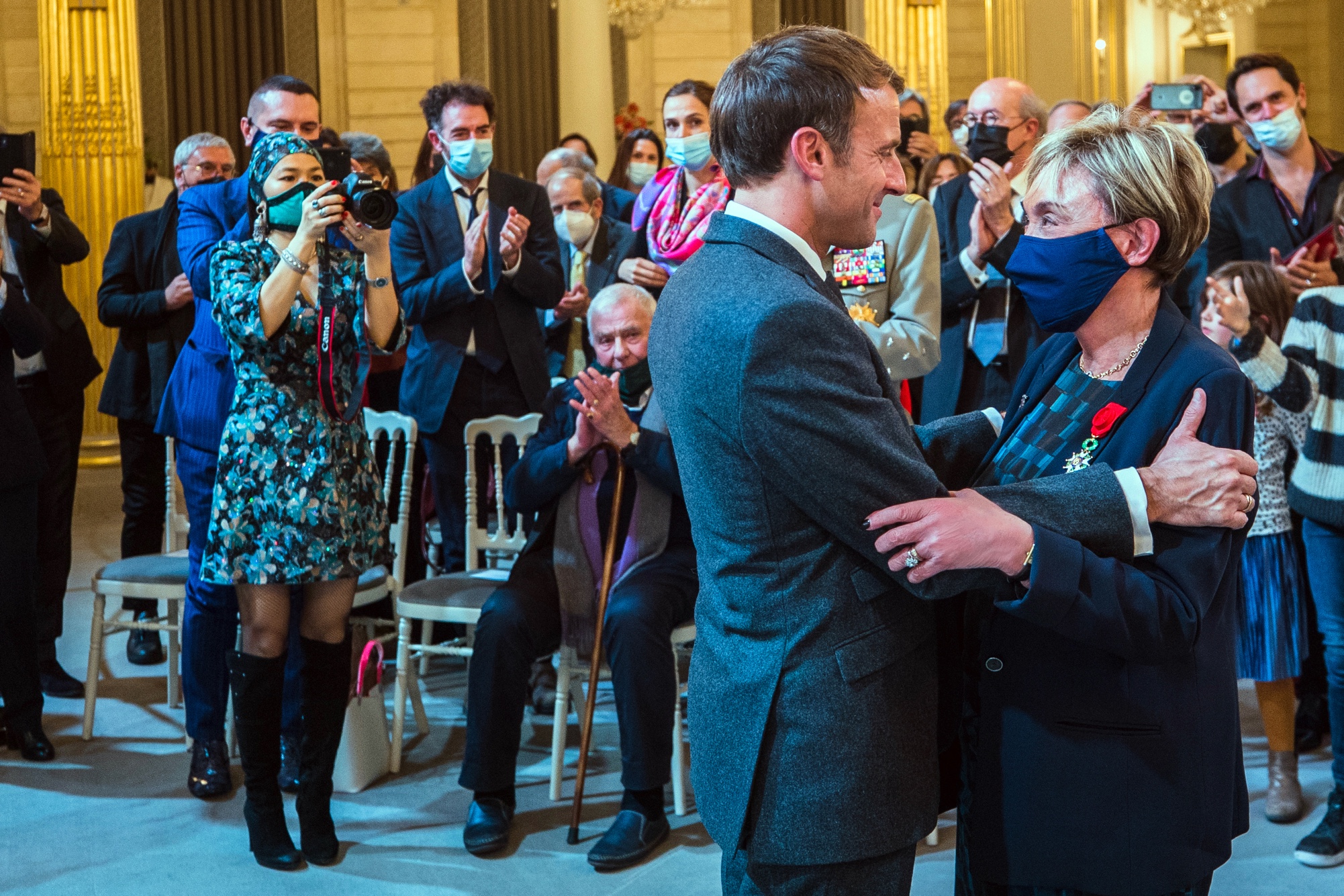 Philippe Sollers, Julia Kristeva, Emmanuel Macron, Sophie Zhang, Georgi K Galabov, Cérémonie Grand Officier de la Légion d'honneur