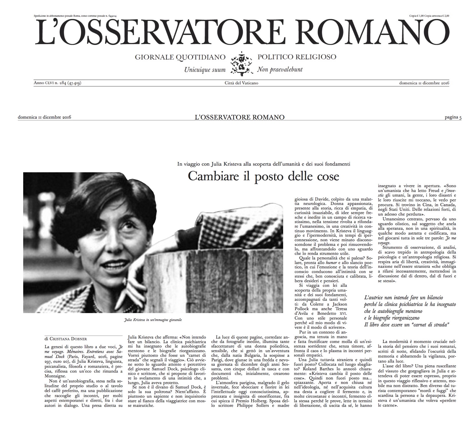 Julia Kristeva - Je me voyage, article dans L'Osservatore Romano